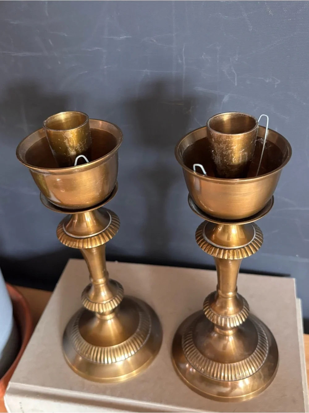 Pair of Solid Brass Vintage Hurricane Candle Holders
